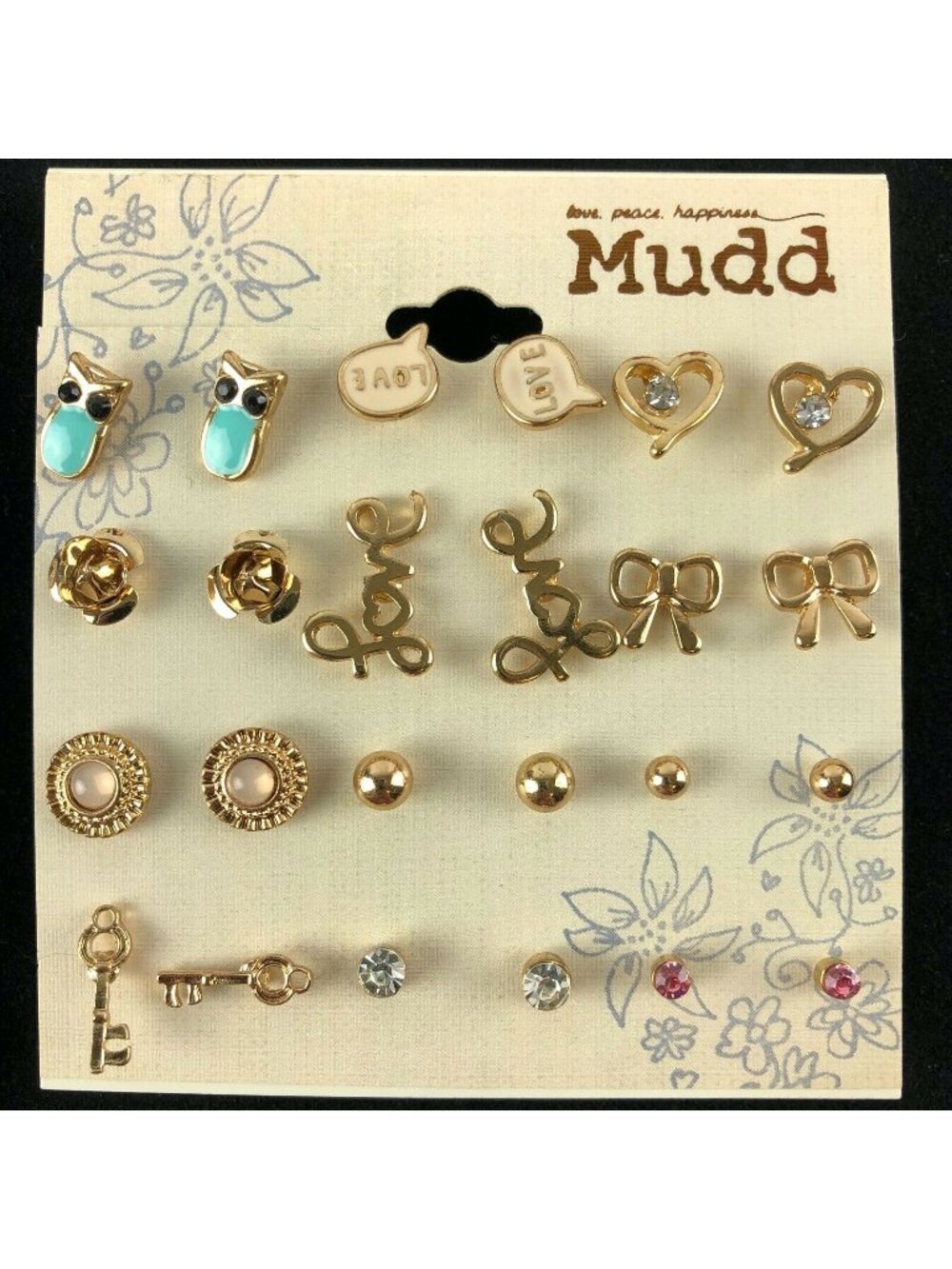 Mudd Stud Earrings 16 Pairs Gift Set Gold-tone Rhinestone Love Owls Keys Hearts
